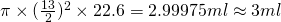 \pi  \times  (\frac{13}{2})^2  \times  22.6 =  2.99975 ml  \approx 3ml