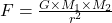 F = \frac{G \times M_1 \times M_ 2}{r^2}