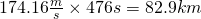 174.16 \frac{m}{s} \times 476s = 82.9 km