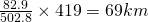 \frac{82.9}{502.8} \times 419 = 69km